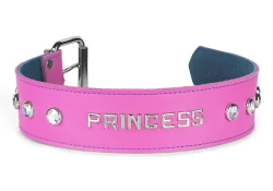 Single strap collar 1.75" wide. Pink leather, teal suede inner lining, lettering in center, opal gems on the sides.