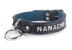 1" wide single strap collar. Black lambskin outer layer, teal suede inner lining, silver loop & dee, lettering upon special request (normally is not offered on collars with an outer layer).