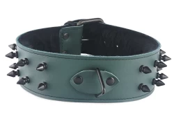 Single strap collar 2" wide. Forest green leather, black fur inner lining, black triangle in center, 2 rows of black spikes (upon special request).