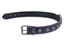 Single strap collar 1" wide, Chocolate Raspberry leather, black lambskin inner lining, d ring in center, emerald gems, nickel-free buckle.