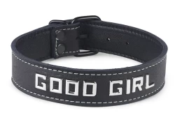 1" wide single strap collar. Black leather, black lambskin inner lining, lettering, black buckle.