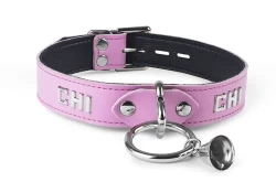 Single strap collar 1" wide. Rose leather, black lambskin inner lining, silver loop & dee in center (with small bell attached), lettering.