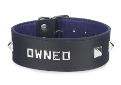 Single strap collar 1.75" wide. Black leather, purple lambskin inner lining, lettering in center, pyramids on the sides.