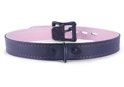 Single strap collar 0.75" wide. Black leather, pastel lambskin inner lining, black d ring, black locking buckle.
