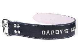 collar width: 1.5". Black lambskin outer layer, pastel fur inner lining, lettering, d ring by buckle.