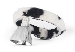 collar width: 1". Cow fur outer layer, cow fur inner lining, 1 cowbell in center.