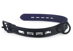 collar width: 1". Black leather, purple lambskin inner lining, black d ring, bevels, black locking buckle.