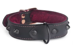 collar width: 1". Black leather, burgundy fur inner lining, black d ring, black domes, rose-gold buckle.