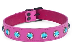 collar width: 1". Pink leather, fuchsia lambskin inner lining, aquamarine gems, black buckle.