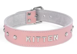 collar width: 1.25". Pastel leather, grey suede inner lining, lettering, pearl mini gems.