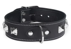 collar width: 1.5". Black leather, black lambskin inner lining, d ring in center, pyramids.