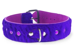 Single strap collar 2" wide. Purple fur outer layer, violet suede inner lining, d ring, amethyst gems, black buckle.