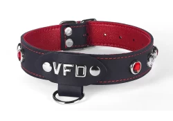 collar width: 1". Black leather, ruby gems, horizontal d ring in center.