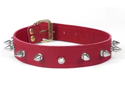 collar width: 1". Red leather, red lambskin inner lining, eyelet in center, spikes, brass buckle.
