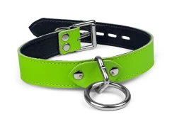 collar width: 1". Lime green leather, black lambskin inner lining, silver loop & dee, silver locking buckle.