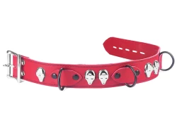 collar width: 1.25". Red leather, red lambskin inner lining, 3 black d rings, skulls.