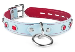 collar width: 1". Baby blue leather, red lambskin inner lining, silver loop & dee, ruby gems, silver locking buckle.
