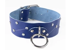 collar width: 1.75". Royal blue leather, no inner lining, silver loop & dee, stitching and opal mini gems.