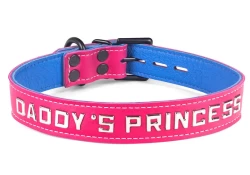 collar width: 1". Fuchsia leather, carolina blue leather inner lining, lettering, black d ring by buckle, black locking buckle.