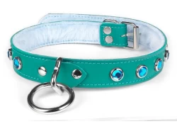 collar width: 1". Teal leather, baby blue fur inner lining, silver loop & dee, aquamarine gems.