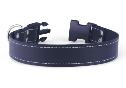 Single strap collar 1" wide. Black leather, no inner lining, d ring by closure, plastic snap closure.