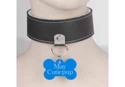 collar width: 1.5". Black leather, large d ring with clamp with jumbo blue bone custom tag attached.