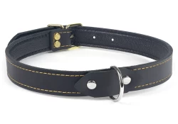 collar width: 0.75". Black leather, black lambskin inner lining, silver d ring, brass buckle.