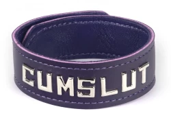 collar width: 1" wide. Midnight Purple leather, purple lambskin inner lining, lettering.