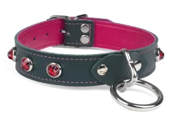collar width: 1". Forest green leather, fuchsia lambskin inner lining, silver loop & dee, ruby dome gems.