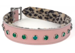 collar width: 1.5". Pastel leather, baby leopard fur inner lining, emerald gems, silver locking buckle.