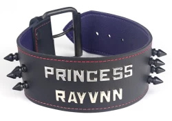 collar width: 2". Black leather, purple lambskin inner lining, lettering in center, 2 rows of spikes (upon special request).
