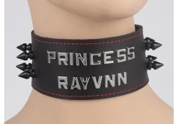 collar width: 2". Black leather, purple lambskin inner lining, lettering in center, 2 rows of spikes (upon special request).