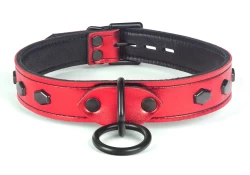 collar width: 1". Red metallic leather, black lambskin inner lining, black loop & dee, black hexagons.