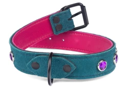 collar width: 1". Teal suede outer layer, fuchsia lambskin inner lining, black d ring in center, black buckle, amethyst gems.