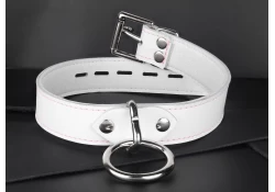 Single strap collar 1" wide. White leather, white lambskin inner lining, silver loop & dee, silver locking buckle