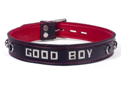 Single strap collar 1" wide. Black lambskin outer layer, red lambskin inner lining, lettering, onyx gems
