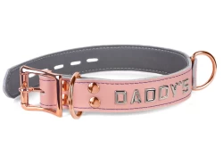 Single strap collar 1" wide. Pastel leather, grey lambskin inner lining, rose-gold d ring, lettering, rose-gold d ring by buckle, rose-gold locking buckle