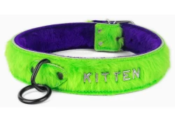 Single strap collar 1.5" wide. Lime green fur outer layer, purple fur inner lining, black loop & dee, lettering (no longer offered on collars that have fur outer layer)