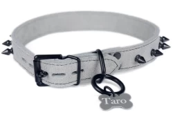 Single strap collar 1" wide. White suede outer layer, white suede inner lining, black spikes, reinforced black loop & dee (with small silver bone custom tag), black locking buckle