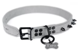 Single strap collar 1" wide. White suede outer layer, white suede inner lining, black spikes, reinforced black loop & dee (with small silver bone custom tag), black locking buckle