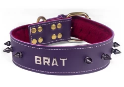 Single strap collar 1.5" wide. Midnight Purple leather, burgundy fur inner lining, lettering, black spikes, brass buckle, reinforced brass d ring by buckle