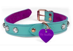 Single strap collar 1" wide. Turquoise leather, violet suede inner lining, rose-gold d ring (with large purple heart custom tag), rose-gold buckle, crystal gems,