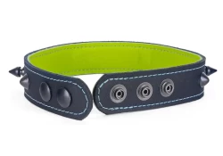 Single strap collar 1" wide. Black leather, raver lime lambskin inner lining, black snaps closure, alternating black domes and black spikes (upon special request).