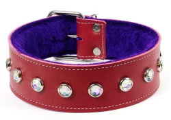 Single strap collar 1.75" wide. Red leather, purple lambskin inner lining, opal gems