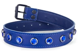 Single strap collar 1" wide. Royal blue leather, royal blue lambskin inner lining, sapphire gems, black buckle