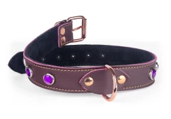 Single strap collar 1" wide. Chocolate raspberry leather, black suede inner lining, rose-gold d ring, amethyst gems, rose-gold buckle