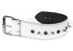 Single strap collar 2" wide. White leather, black lambskin inner lining, alternating spikes and onyx gems (upon special request)