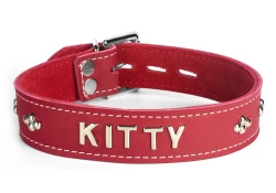 Single strap collar 1" wide. Red leather, red suede inner lining, lettering and diamond dots.