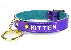 1" wide collar. Purple metallic leather, teal suede inner lining, brass loop & dee, lettering, black locking buckle.