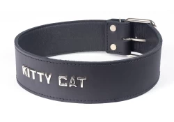 Single strap collar 1.75" wide. Black leather, black lambskin inner lining, lettering